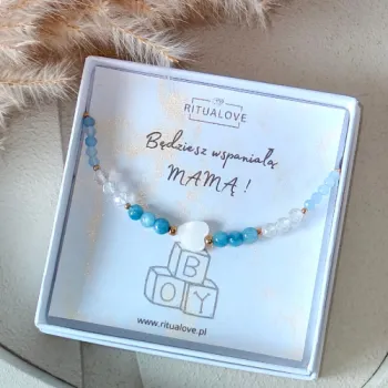 Bransoletka baby shower dla przyszłej mamy chłopca – akwamaryn, kryształ górski, serce z masy perłowej